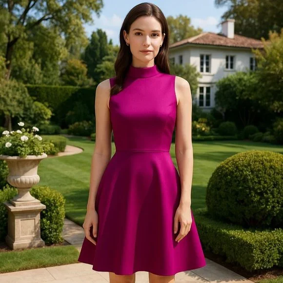 H&M 4 Satin Dress A-line Sleeveless High Neckline Zip-up Party Mini Pocket Pink - Picture 1 of 13